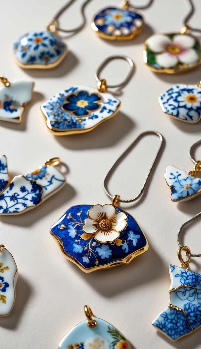 Close-up of broken china jewelry pendants made from colorful ceramic fragments arranged on a neutral background.